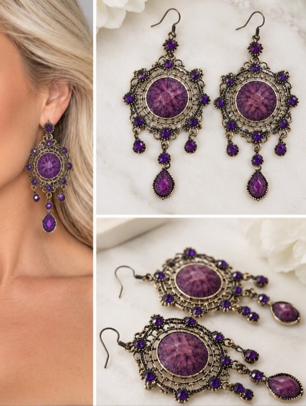Purple Statement Drop Earrings Like New
